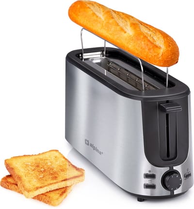 alpina Broodrooster met Tostiklemmen en Lange Sleuf - Toaster 2 stuks Brood met 7 Bruiningsniveau's en Ontdooifunctie - Broodrooster Tostiapparaat met Verwijderbare Kruimellade - Zilverkleurig