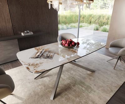 Eetkamertafel Edge wit-beige Boot keramiek Minas Melange 200x100 kruisframe rechthoek RVS
