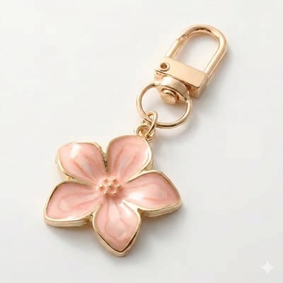 Goudkleurige sleutelhanger met roze bloemen hanger – unisex – metalen sleutel hanger met vijfbladige bloem in pastel roze – accessoire voor tas of sleutelbos