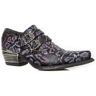 New Rock Vintage paarse bloemen lederen gesp schoenen-7960-S8