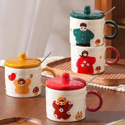 Een Familie van Schattige Keramische Bekers  Hoge Waarde  Grote Capaciteit  Hoge Temperatuurbestendigheid  Mokken Deksel Lepel  Waterbekers Huishoudelijk Gebruik Set 350ML white