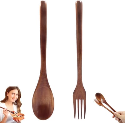 2 stuks- Kooklepel - Pollepels 32 cm— Menglepel— Houten lepel — Houten vork — Dessertlepel — Keukengerei met driehoekige steel — Bamboe keukengerei — Geschikt om mee te koken, roeren en eten