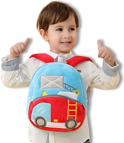 BoefieBoef Kraanauto Peuter/Kleuter Rugtas: Bouw & Werkvoertuigen Design - Kerst Cadeau - Avontuurlijke Kinder Rugzak 0-5 Jaar - rood blauw