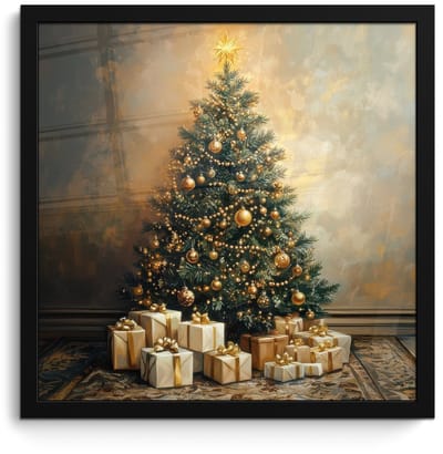 Poster in lijst - Fotolijst 40x40 cm - Posters - Kerstboom - Cadeaus - Goud - Posterlijst zwart - Decoratie - Wanddecoratie woonkamer - Muurdecoratie slaapkamer - Kerstversiering - Kerstdecoratie voor binnen - Kerstmis