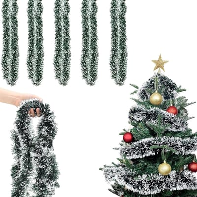 Kerstslinger 10m - Dennenslinger Decoratie - Kerstversiering Huis - Groen Wit Sneeuwvlok - 10 Meter - Groen Wit