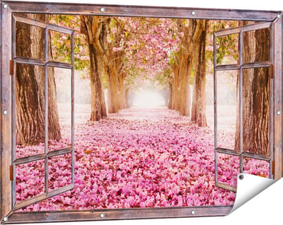 Gards Tuinposter Doorkijk Romantische Bomen Tunnel met Roze Anjers - 120x80 cm - Tuindoek - Tuindecoratie - Wanddecoratie buiten - Tuinschilderij