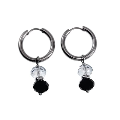 ∅18mm x 2,5mm Oorbellen Dames - Gepolijst RVS - Oorringen met Zwarte Gefacetteerde Kristalkrallen Hanger - Bungelende Oorbellen