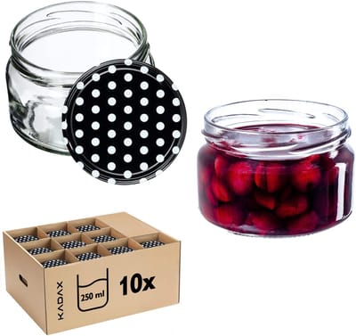 KADAX Kleine inmaakpotten, 250 ml, jampotten met deksel, luchtdichte potten om cadeau te geven, mini-potten voor honing en specerijen (10 stuks, zwart gestippeld)