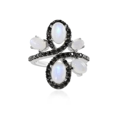 Cavill - 925 Sterling Zilver Ring met Platinum Coating - 4,378 Ct Ovale Regenboog Maansteen & Zwarte Spinel - Elegante Cabochon Edelsteen Ring