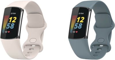 Strap-it Bundel van 2 Siliconen bandjes - Geschikt voor Fitbit Charge 5 Maat: S - Grijsblauw & Zand wit - Sport bandje - Sportamband - Siliconen band - Horlogeband / Polsband / Armband