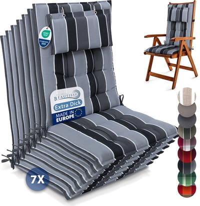 Beautissu Sun-HL - Set van 7 Premium Hoge Rugleuning Kussen met Hoofdkussen 120x50 cm – UV-bestendig & 8cm Dik Kussen Tuinstoelkussen Antislip Bevestigingsbanden – Stevige Stof Antraciet gestreept