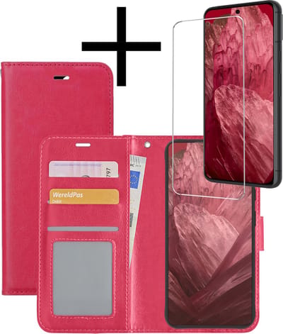 Hoesje - Met Screenprotector - Geschikt voor Google Pixel 8a - Luxe Pasjeshouder - Bookcase Portemonee - Flip Case - Kunstleer Book Case - Flipcase - Book Cover - Walletcase - Portemonneehoes - Donkerroze