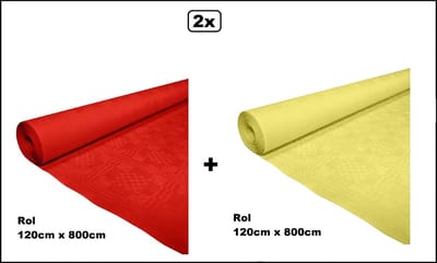 2x Tafelrol tafelkleed rood en geel 120cm x 800cm papier - totaal 16 meter - Party diner food festival eten fun thema feest party