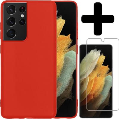 Hoesje - Met Screenprotector - Geschikt voor Samsung Galaxy S21 Ultra - Sterk & Shockproof - Back Cover - Siliconen Case - Telefoon Hoes - Telefoonhoesjes - Rood