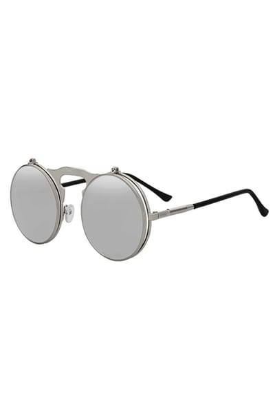 KIMU® Ronde Zonnebril Flip Up - Zilver Montuur Rond - Zilveren Spiegelglazen - Vintage Steampunk Retro Opklapbaar Bril Festival