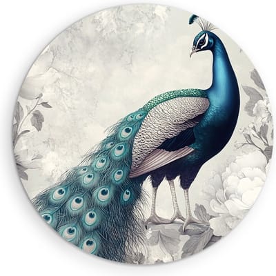 Saammp Muurcirkel Hout - Pauw met witte Bloemen - Dieren - Natuur - Ø 90 - Wandcirkel - Wanddecoratie Cirkel - muurdecoratie Woonkamer - Slaapkamer decoratie - Rond Schilderij