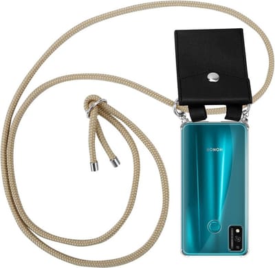 Cadorabo Hoesje geschikt voor Honor 9X LITE in GLANZEND BRUIN - Silicone Mobiele telefoon ketting beschermhoes met zilveren ringen, koordriem en afneembaar etui