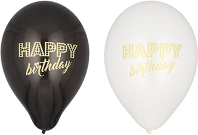 12x 6 Ballonnen Ø 25 cm zwart/wit Happy Birthday