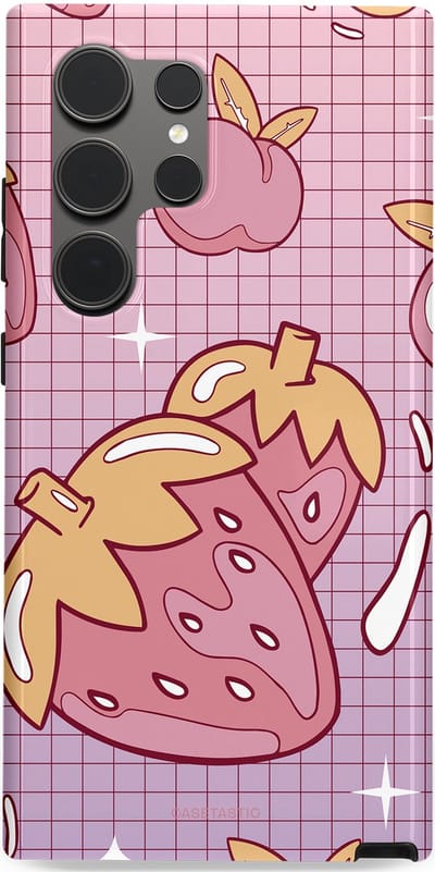 Casetastic Hoesje Geschikt voor Samsung S24 Ultra - Stijlvolle Beschermende Duo-layer Case - Zoete aardbeien raster