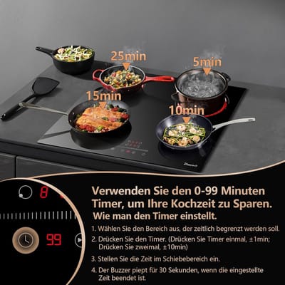 Vitroceramische kookplaat 4 pitten 6000 W, inbouwvitroceramische, elektrische kookplaat 56 × 49 cm, pauzefunctie, 9 standen, aanraakbediening, met timer, kinderslot
