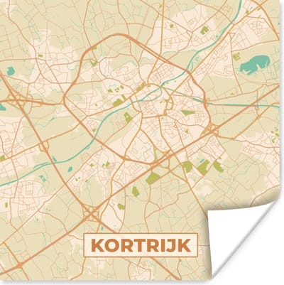 Poster Kaart - Plattegrond - Kortrijk - Stadskaart - België - 100x100 cm XXL
