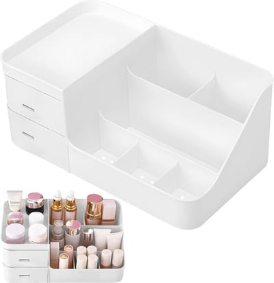 Make-up organizer voor badkamer en slaapkamer met 6 vakken en 2 laden - Opbergbox in wit