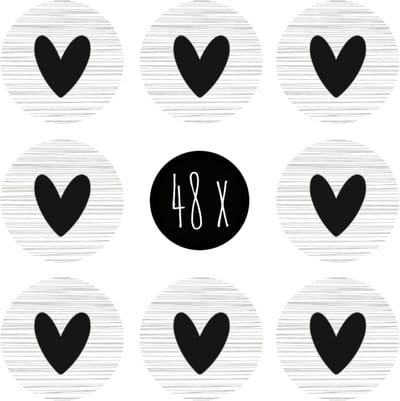 48x Stickers / Sluitstickers | HARTJE | 25 mm | wit & zwart | huwelijk / trouwfeest / trouwkaart