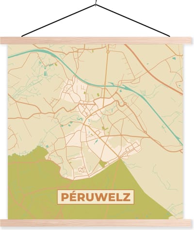 Posterhanger incl. Poster 40x40 cm - Schoolplaat - Plattegrond - Kaart - België - Stadskaart - Péruwelz - Textielposter - Blanke latten - Stadskaart