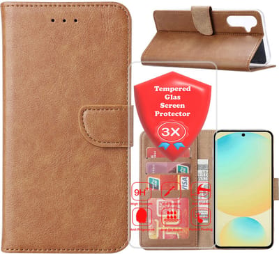 Bookcase Geschikt voor: Samsung Galaxy S25 Edge Lichtbruin - Portemonnee hoesje met 3x Glas Screen protector - Book Cover