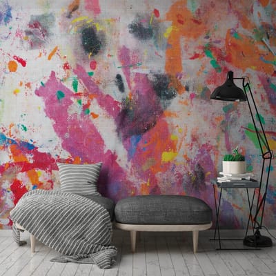 Fotobehang Profhome 382521-GU vliesbehang hardvinyl warmdruk in reliëf glad met grafisch patroon mat purper oranje geel groen 3,71 m x 2,8 m