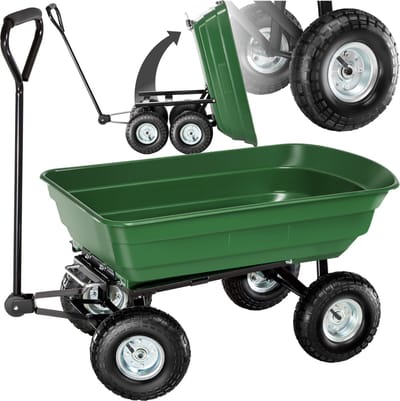 tectake® Handkar met Kantelfunctie - Soepele Stuuras, Luchtgevulde Rubber Banden - Kantelbare Handkar voor in de Tuin - Groen (Volume 70 L/Max Load 300 Kg)