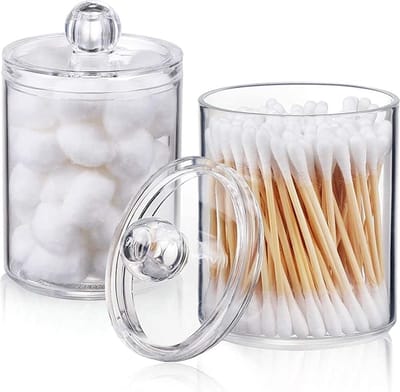 2 stuks acryl Qtip houder, houder, organizer, wattenschijfdispenser voor watten, transparante wattenschijfhouder, opslag met deksel voor jerrycans