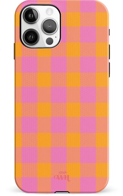 xoxo Wildhearts Brunch o'clock hoesje Single Layer - Hoesje met ruiten geschikt voor iPhone 11 Pro hoesje - Dames hoesje geschikt voor iPhone 11 Pro - Kleurrijk hoesje - shockproof case - Geruit hoesje - oranje / paars
