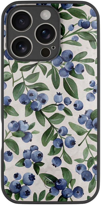 Hoesje geschikt voor Apple iPhone 16 Pro - Blueberries - Geel - TPU luxe case (glossy toplaag) - Tekst - Hardcase backcover zwart