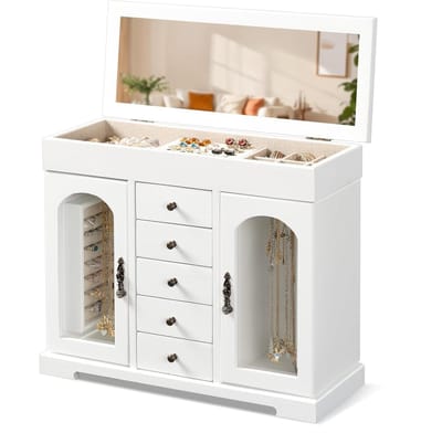 Grote Houten Sieradenbox met Spiegel, 6 Laags, Organiser voor Kettingen, Oorbellen en Ringen, Landelijke Stijl, Weerbestendig Design
