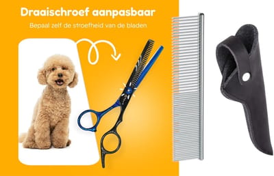 Professor Q – Professionele Effileerschaar – Uitdunschaar Kapper Rechtshandig – Zwart/Blauw met Luxe Lederen Etui – 16,5 cm – Zwart + Anti-Klit Kam – Pijnloos & Huisdiervriendelijk