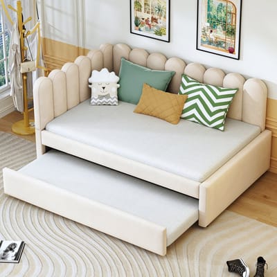 MODFU Ledikant 140x200 cm – Beige fluweel met L-vorm & uitschuifbed – Bloembladvormige rugleuning – 24 latten