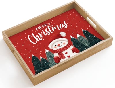 Dienblad hout 40x30 cm - Schootdienblad - Kerstgroet - Sneeuw - Rood - Borrelplank rechthoek - Plateau dienbladen