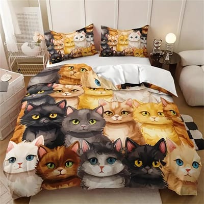Schattig Cartoon Kitten Alle Seizoenen Beddengoedset, Zacht Comfortabel En Ademend Dekbedovertrek 1*Dekbedovertrek + 2*Kussensloop EU Single 135x200cm
