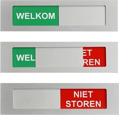 Schuifbordje welkom niet storen XL - 170 mm x 42 mm x 4 mm - Bevestiging dubbelzijdige plakstrip - Aluminium schuif - Met 4 mm dikte geen blok op je deur - Promessa-Design.