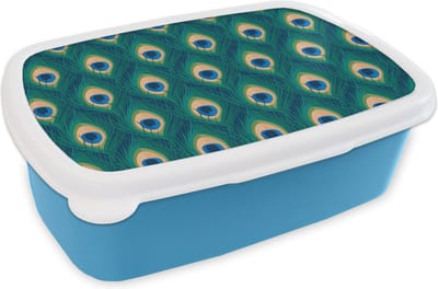 Broodtrommel Blauw - Lunchbox - Brooddoos - Design - Pauw - Veren - Groen - Blauw - 18x12x6 cm - Kinderen - Jongen