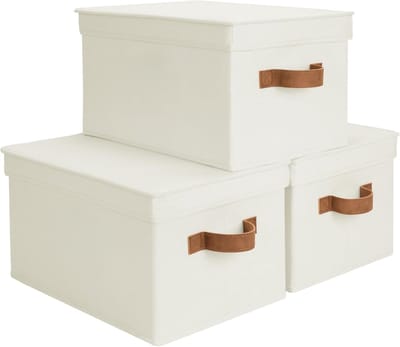 Decoratieve opbergmanden voor planken, kastopbergbakken met deksels en PU-handgrepen, handwas, canvas, ivoorwit, groot, 3-pack