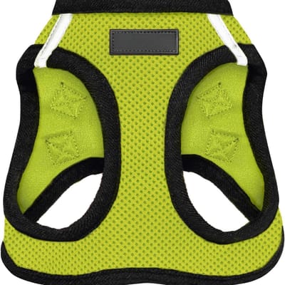 Famanu – Hondentuig - mesh voor alle weersomstandigheden - reflecterend - tegen trekken - kleine - middelgrote honden - katten - met klittenband - gesp - dubbele D-ringen - limoengroen/zwarte bies - S