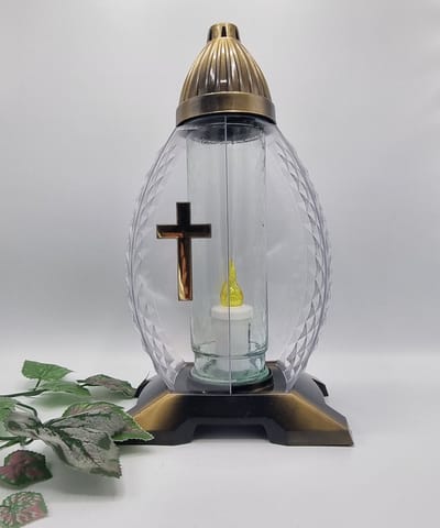 Herdenkingslicht - L29 - Goud - Kruis - Led kaars - 1200 branduren - Grafkaars – Graflicht – Graflantaarn – Grafdecoratie - Windlicht