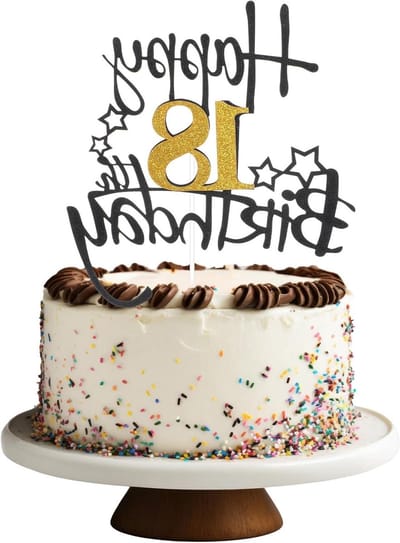Allecto Plus - Taartdecoratie 18e verjaardag jongens en meisjes goud/zwart Happy Birthday - Feestelijke taarttopper voor decoratie in thema 18 jaar.