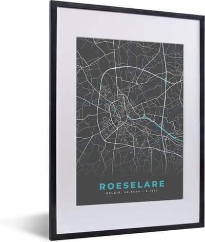 Fotolijst incl. Poster - België – Roeselare – Stadskaart – Kaart – Blauw – Plattegrond - 30x40 cm - Posterlijst
