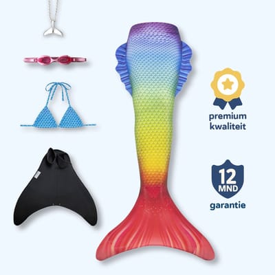 Happy zeemeerminstaart maat 134-140 met bikini - monovin met voetvakken - zwembril en ketting