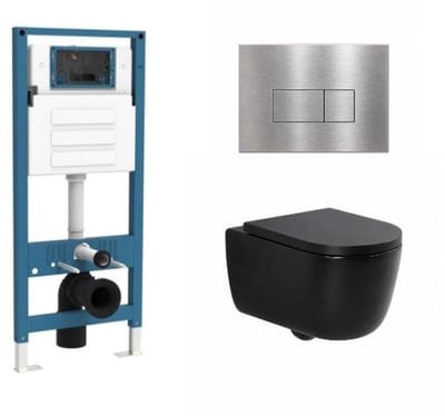 QeramiQ Dely Swirl Toiletset - inbouwreservoir Qeramiq Flush - 35mm zitting - metaal RVS bedieningsplaat - rechthoekige knoppen - mat zwart