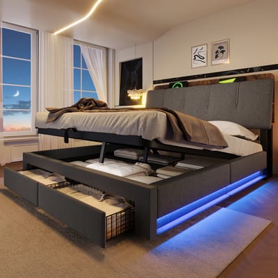 HAUSS SPOLE Gestoffeerd Bed 140x200cm - Met USB en USB C, LED en Opbergruimte - Zonder Matras - Linnen - Grijs