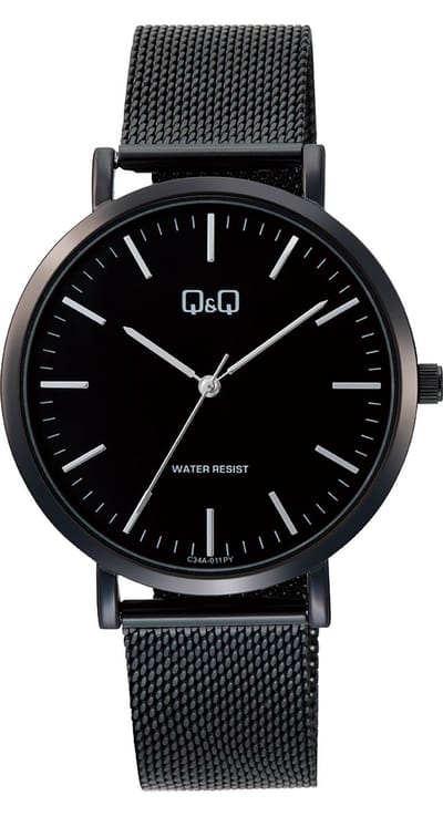 Q&Q C34A-011PY - Horloge - Analoog - Unisex - Milanese/Mesh stalen band - Rond - Metaal - Streepjes - Zwart